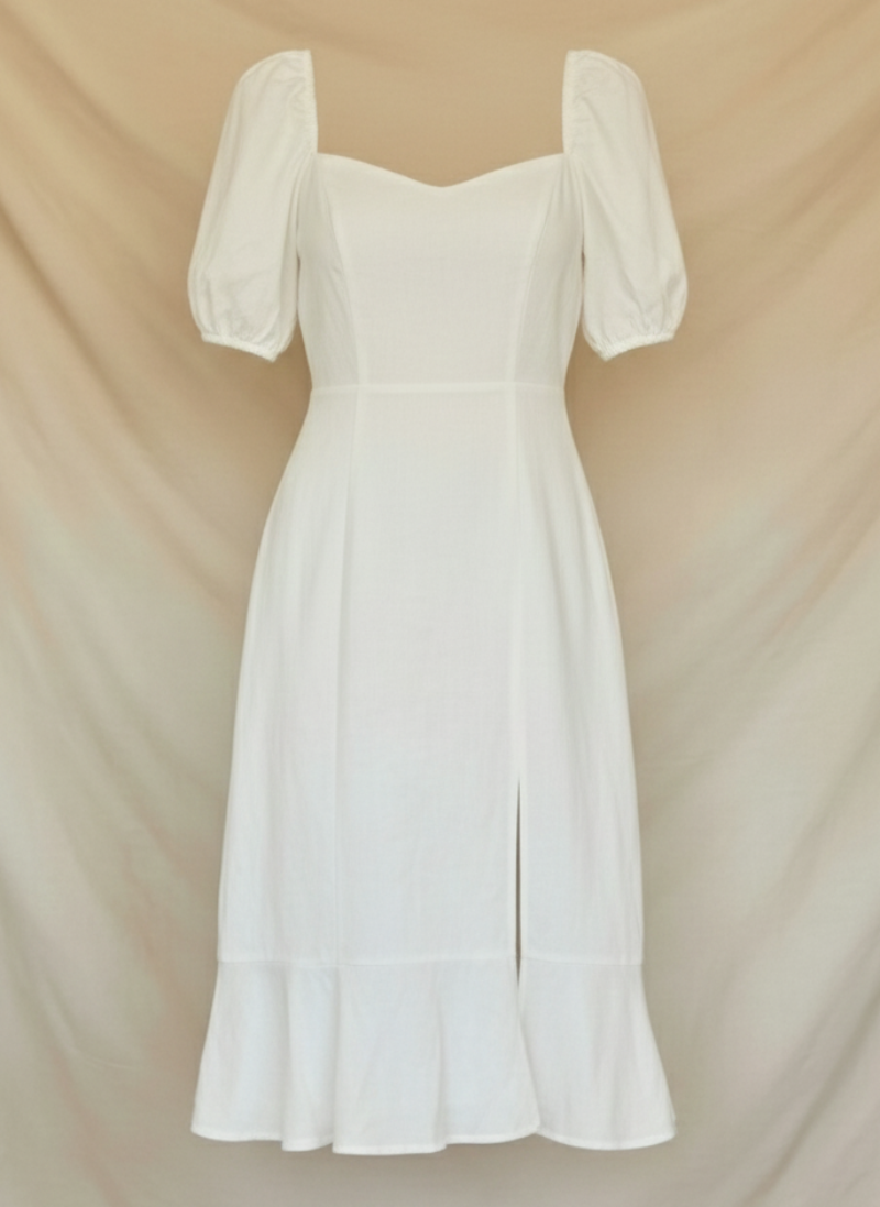Chic women's puff sleeve midi dress, ideal for wedding guests, cocktail parties, and other special occasions.