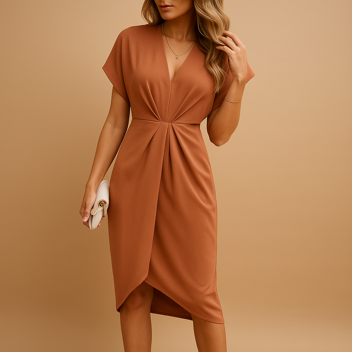 Flattering women's midi wrap dress with a tie waist, offering elegant and comfortable everyday wear.