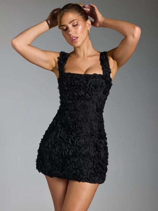 Chic fitted sleeveless mini dress featuring delicate 3D floral appliqués, ideal for summer events & party wear.