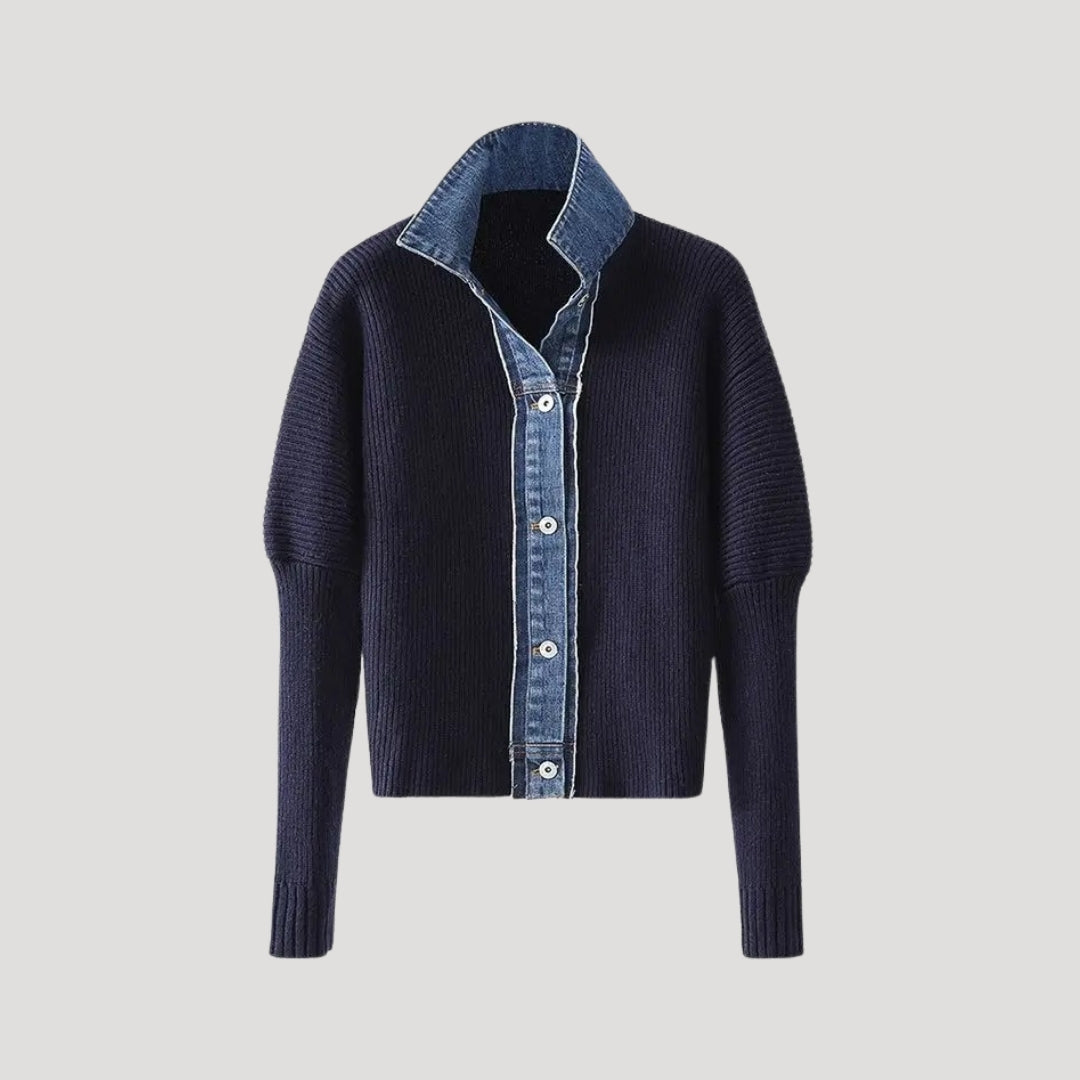 Elegant women's navy long sleeve cardigan with chic contrast trim, perfect for versatile layering.
