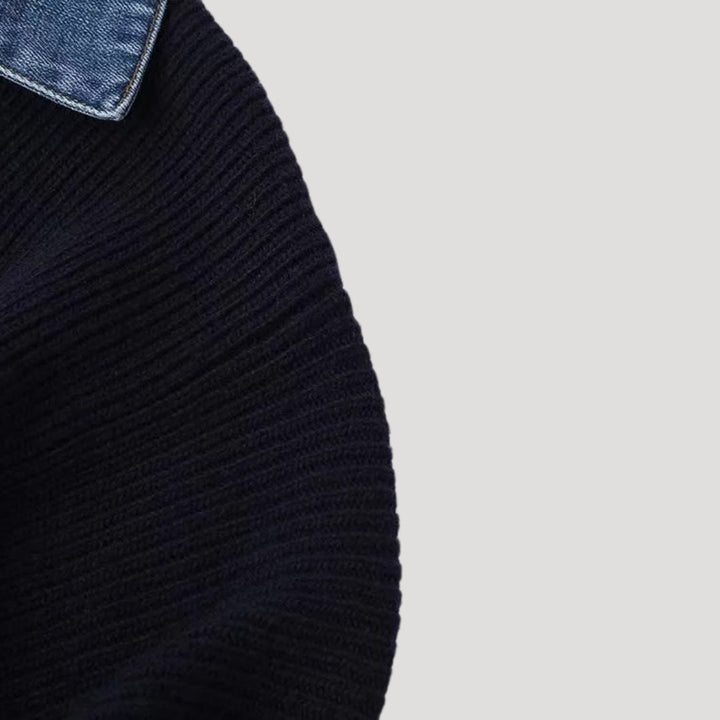 Back view of an elegant women's navy long sleeve cardigan, highlighting the chic contrast trim detail.