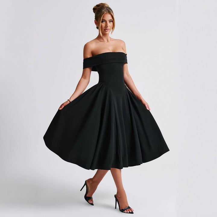 Elegant women's off-shoulder A-line midi dress. Perfect for special occasions, parties, or as a wedding guest outfit.