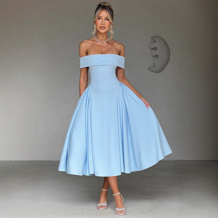 Sophisticated off-shoulder midi dress for women. Features elegant A-line silhouette, ideal for formal evening events.