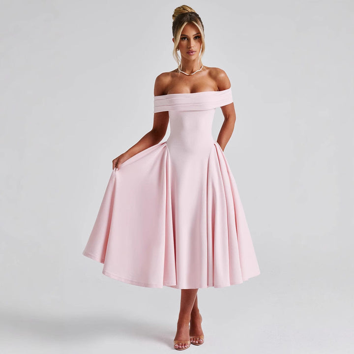 Close-up of a women's elegant off-shoulder A-line midi dress neckline, showcasing sophisticated design for parties.