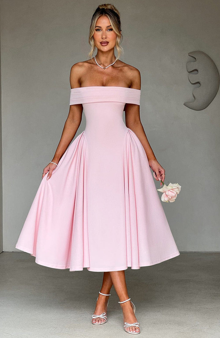 Beautiful A-line midi dress for women with graceful off-shoulder style. A chic choice for formal special occasions.
