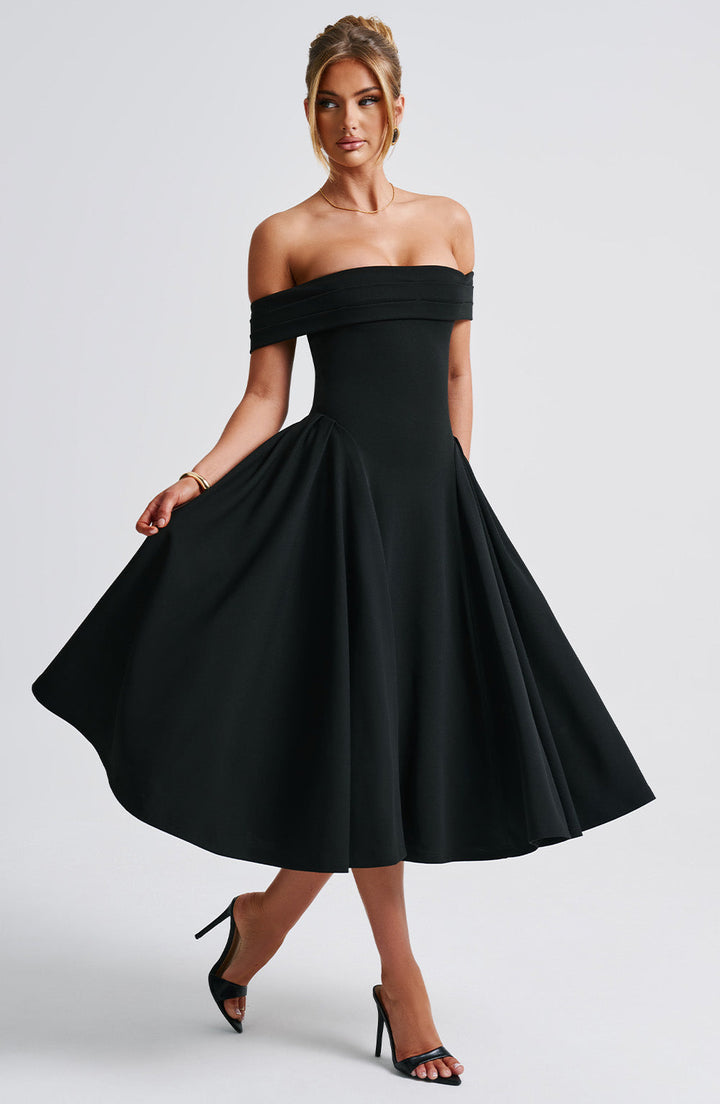 Women's formal off-shoulder A-line midi dress in a sophisticated material, suitable for evening galas & cocktail parties.