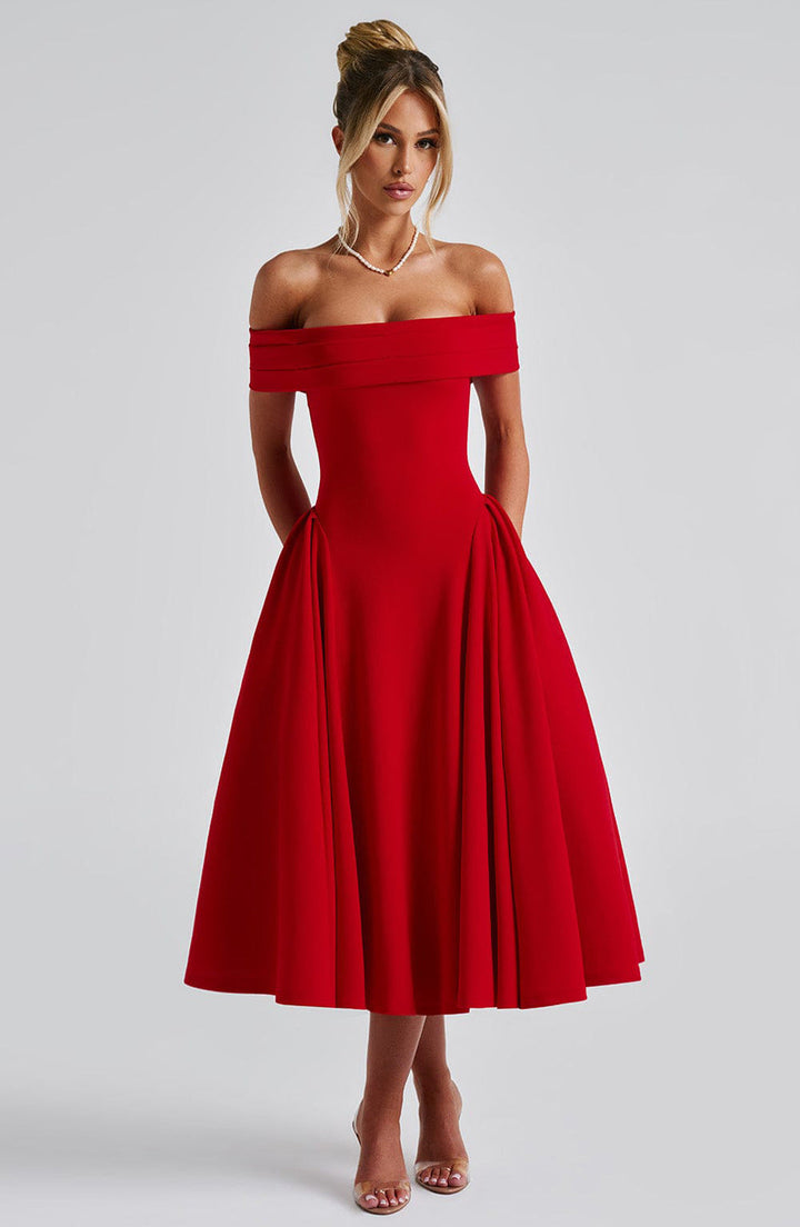 Full view of a women's elegant off-shoulder A-line midi dress, showcasing its flowing silhouette for special events.