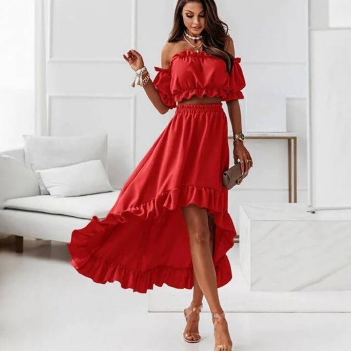 Women's elegant off-shoulder frill crop top & high-low skirt set. Perfect two-piece summer party wear.