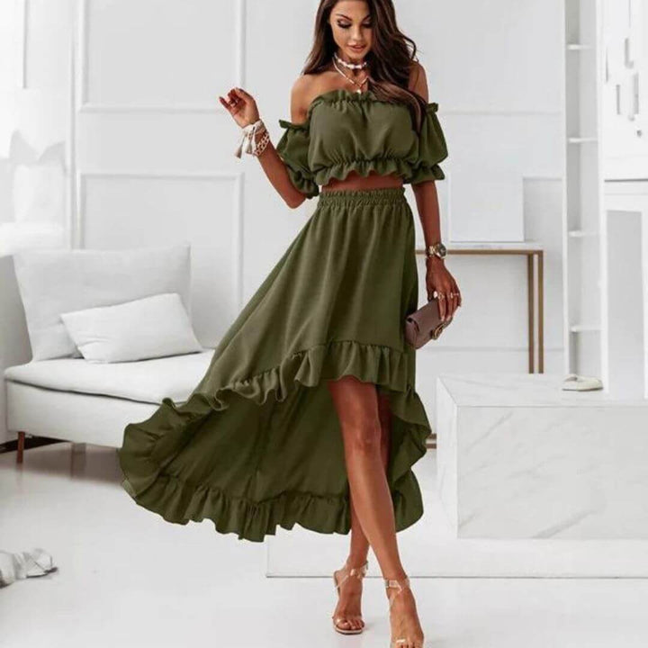 Women's off-shoulder frill crop top and matching high-low skirt, a fashionable two-piece set for any event.
