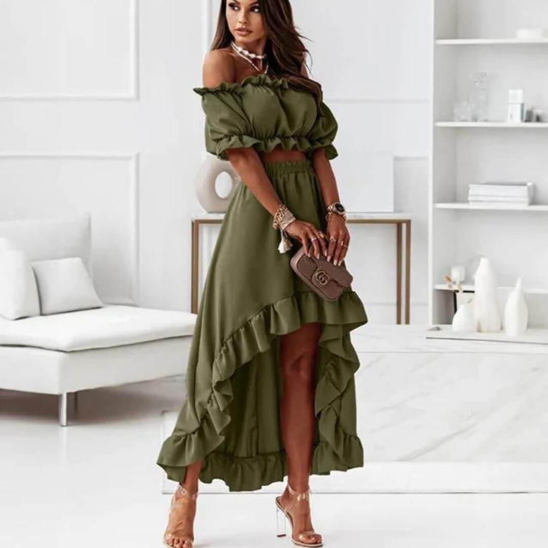 Versatile women's off-shoulder frill top & high-low skirt set, comfortable for elegant casual wear or parties.