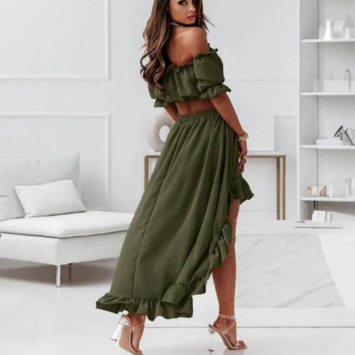 Trendy women's two-piece set: off-shoulder frill top & high-low skirt. Great for summer, party, or casual chic style.