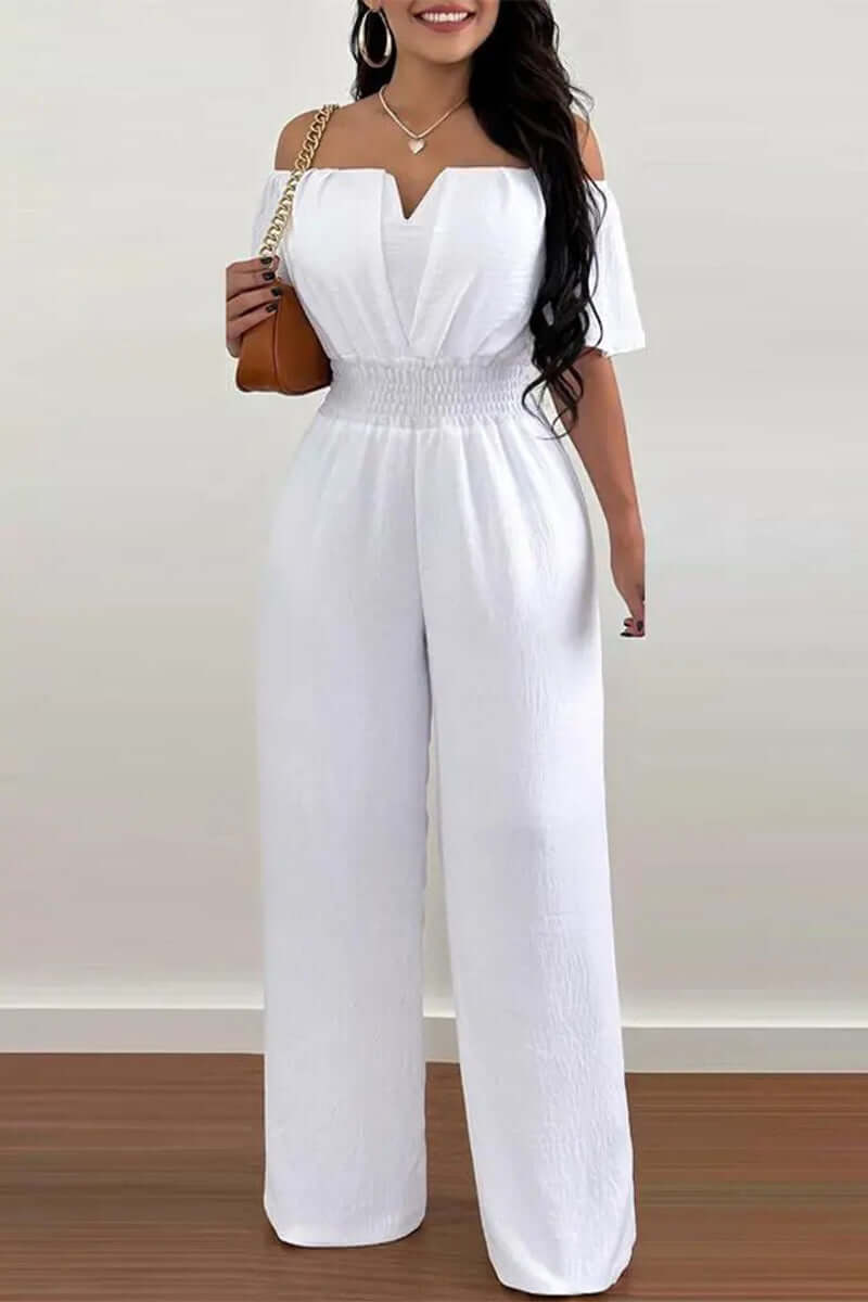Easy-wear women's off-shoulder short sleeve jumpsuit. Elegant & chic one-piece for summer; versatile casual polyester set.
