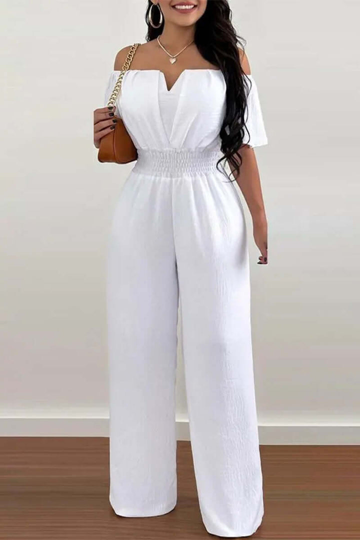 Easy-wear women's off-shoulder short sleeve jumpsuit. Elegant & chic one-piece for summer; versatile casual polyester set.