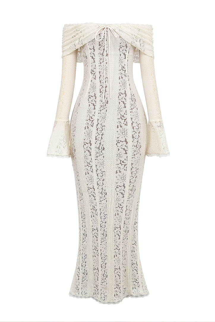 Stylish white off-shoulder maxi dress, an elegant long formal gown for women's special occasions.