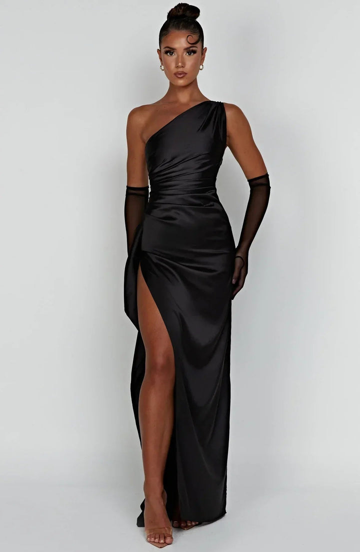 Sophisticated women's one-shoulder maxi dress. Versatile evening gown for parties, formal wear & special events.