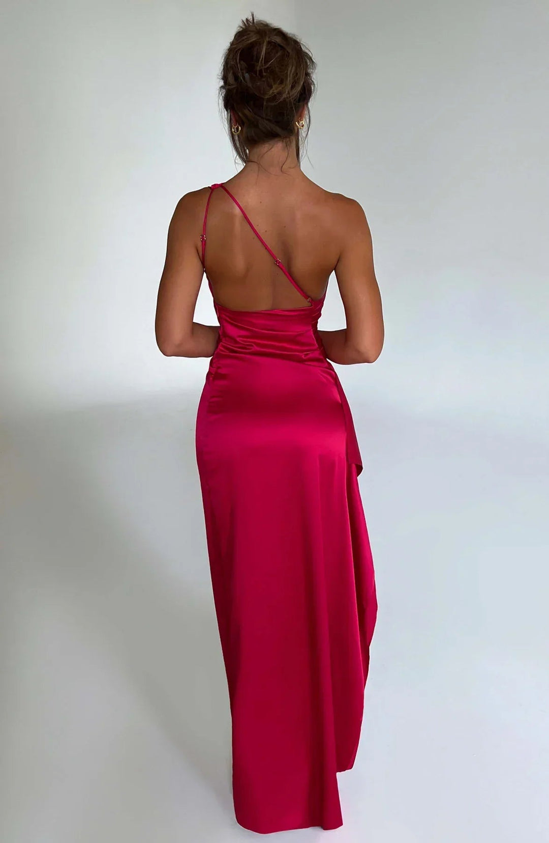 Chic red one-shoulder maxi dress for women, ideal for evening parties & special occasions. Formal floor-length gown.