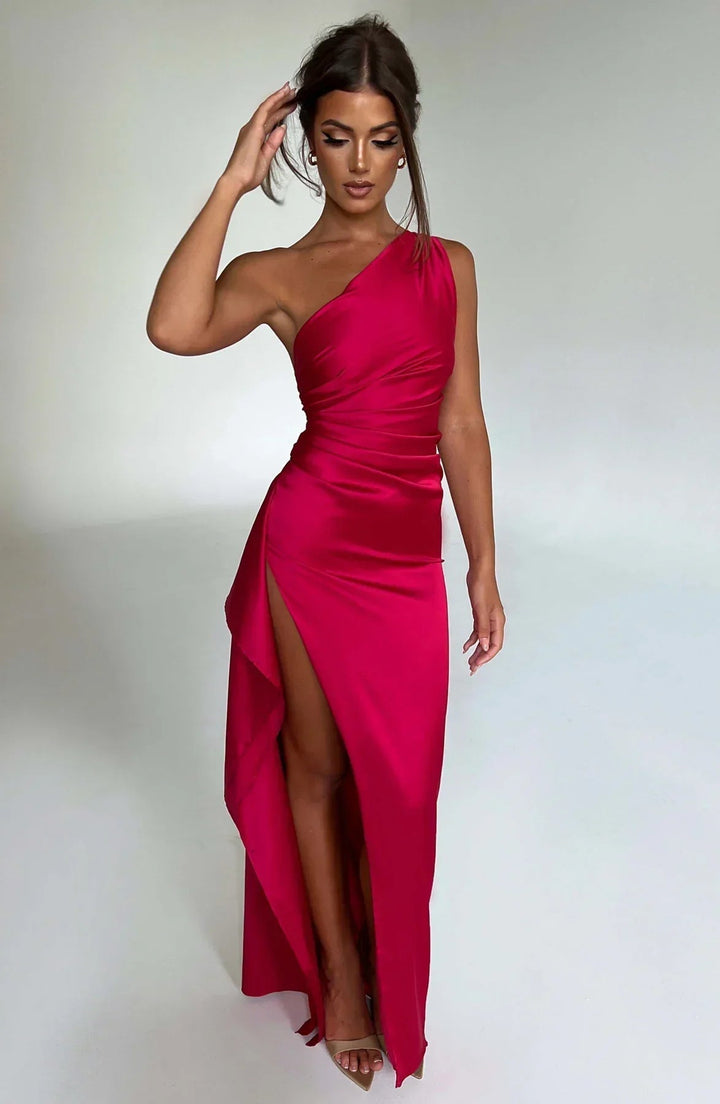 Glamorous black one-shoulder maxi dress for women, perfect evening gown for formal events & chic parties.