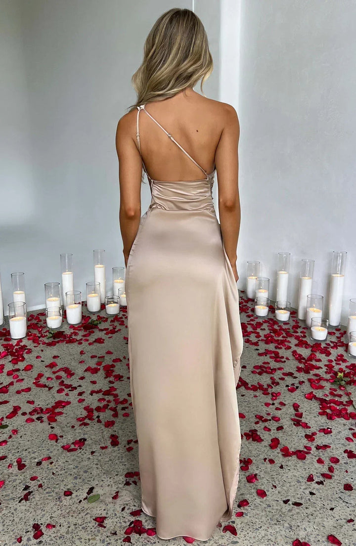 Women's elegant one-shoulder maxi dress, a perfect floor-length evening gown for formal parties & special events.
