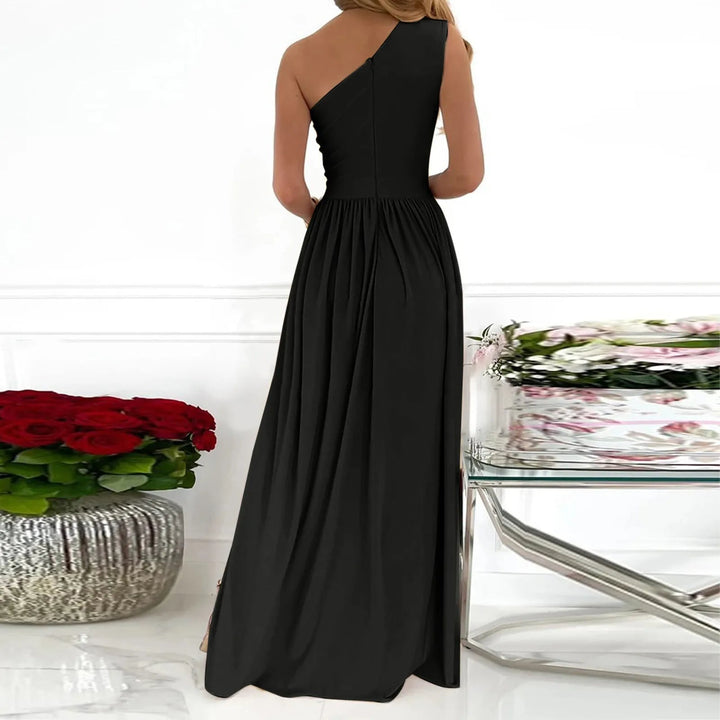 Stylish black one-shoulder maxi dress with high split for women, ideal as an evening gown or formal party dress.