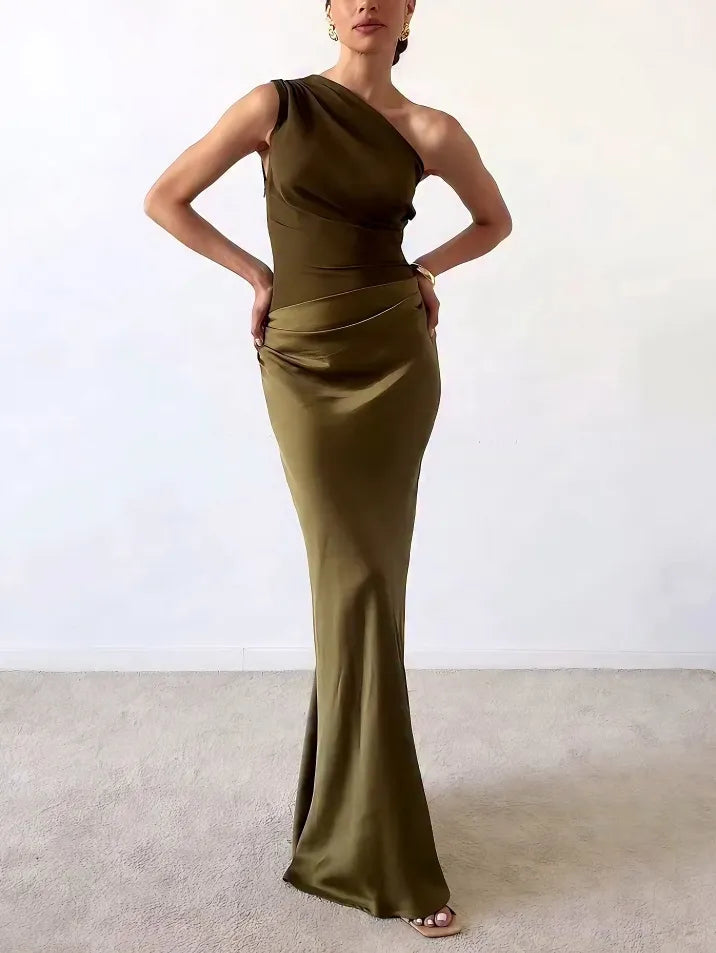Sophisticated women's one shoulder formal gown with pleated skirt. Ideal for evening wear.