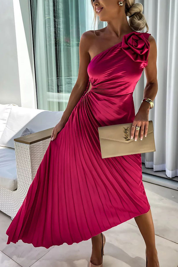 Elegant women's one-shoulder pleated midi dress perfect for special occasions, parties, or formal events.
