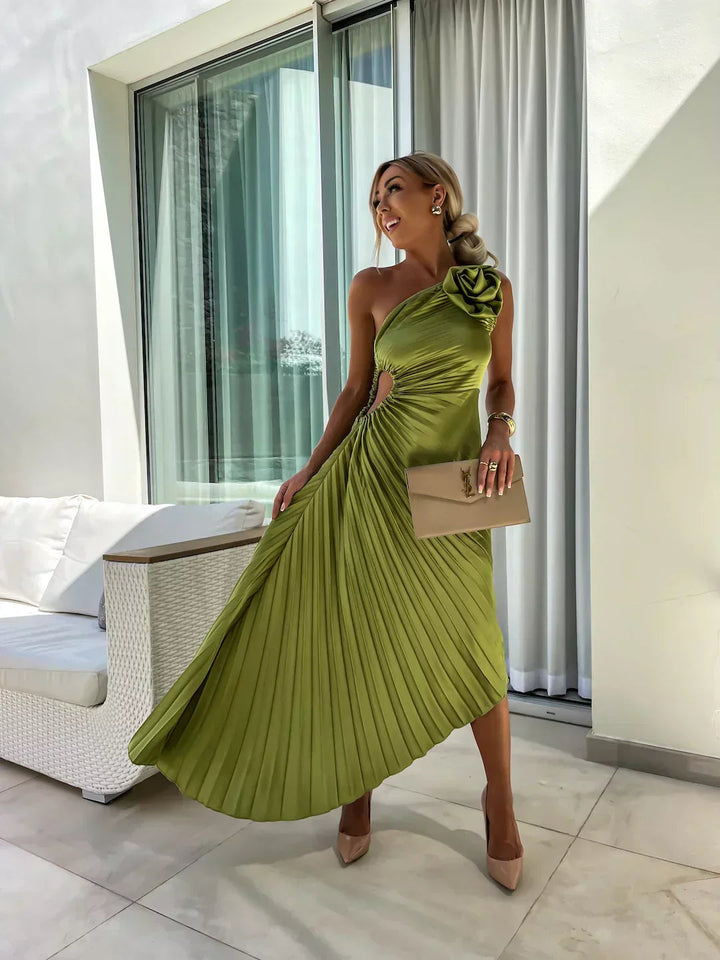 Stylish one-shoulder midi dress for women featuring elegant pleats, ideal for cocktail parties & evening wear.
