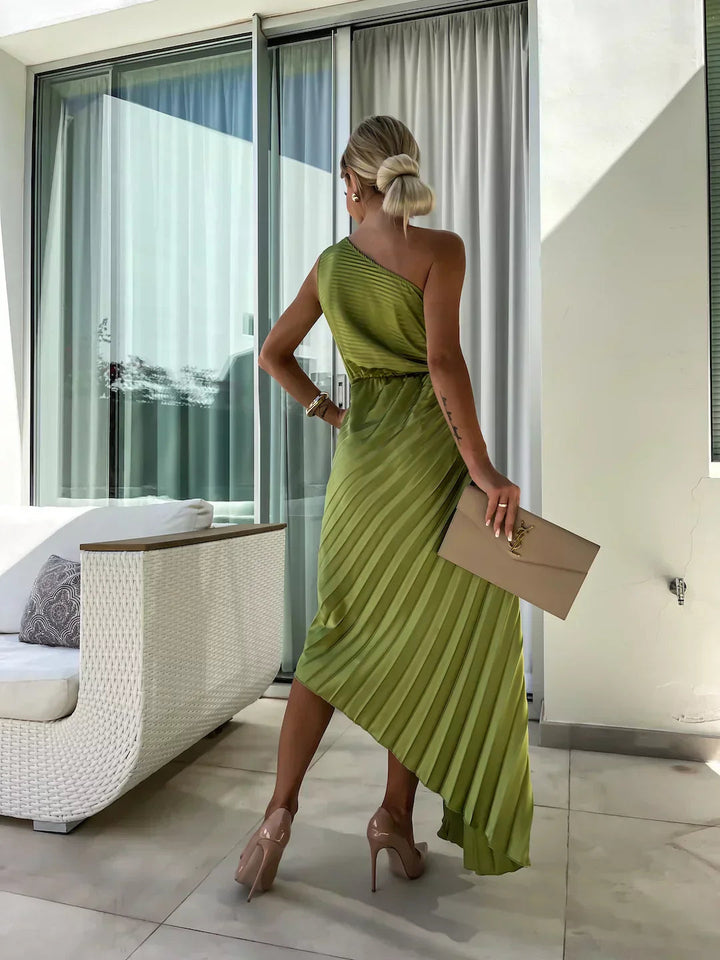 Chic women's one-shoulder pleated midi dress, perfect summer fashion for elegant special occasion events.