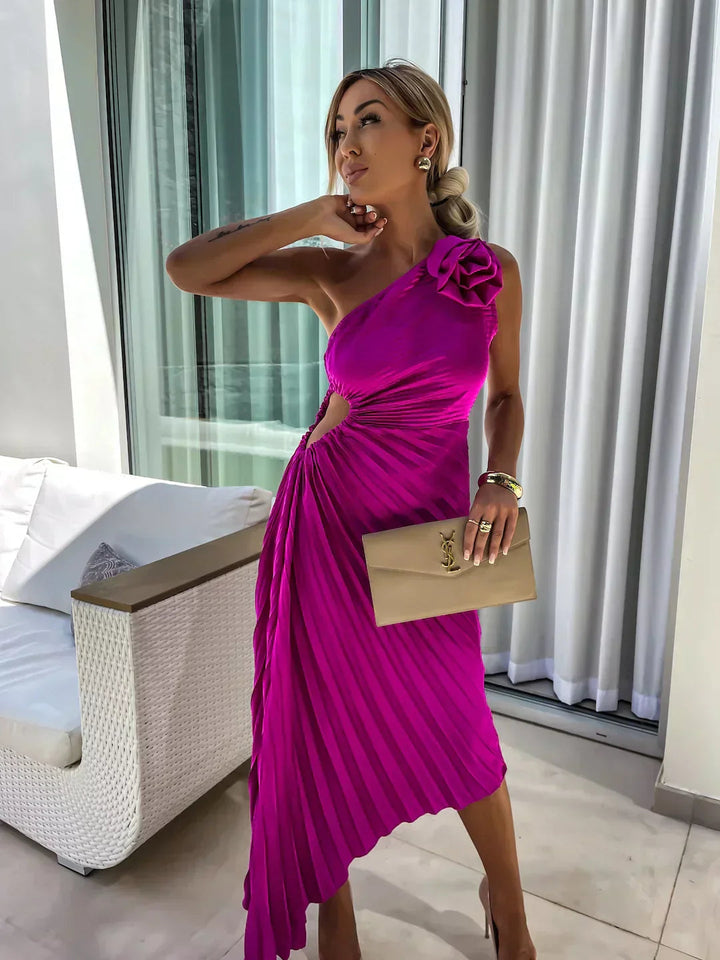 Modern women's elegant one-shoulder pleated midi dress, comfortable yet chic for any special occasion party.