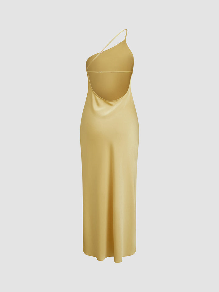 Stylish women's one shoulder maxi dress with elegant open back, perfect for formal events & galas.