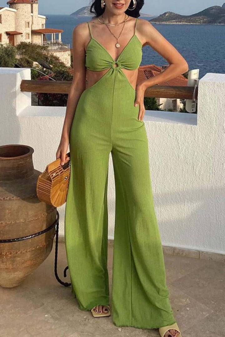 Elegant women's open-back V-neck jumpsuit. Sleeveless polyester one-piece for versatile party or casual chic fashion.