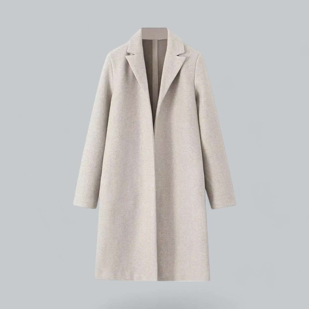 Elegant women's open front trench coat, perfect for fall fashion. Long, loose fit, wool blend outerwear.