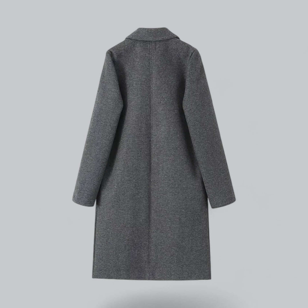 Full-length women's elegant open front trench coat. Warm wool blend, loose fit, essential fall outerwear.