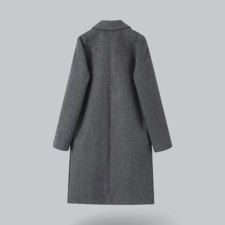 Full-length women's elegant open front trench coat. Warm wool blend, loose fit, essential fall outerwear.