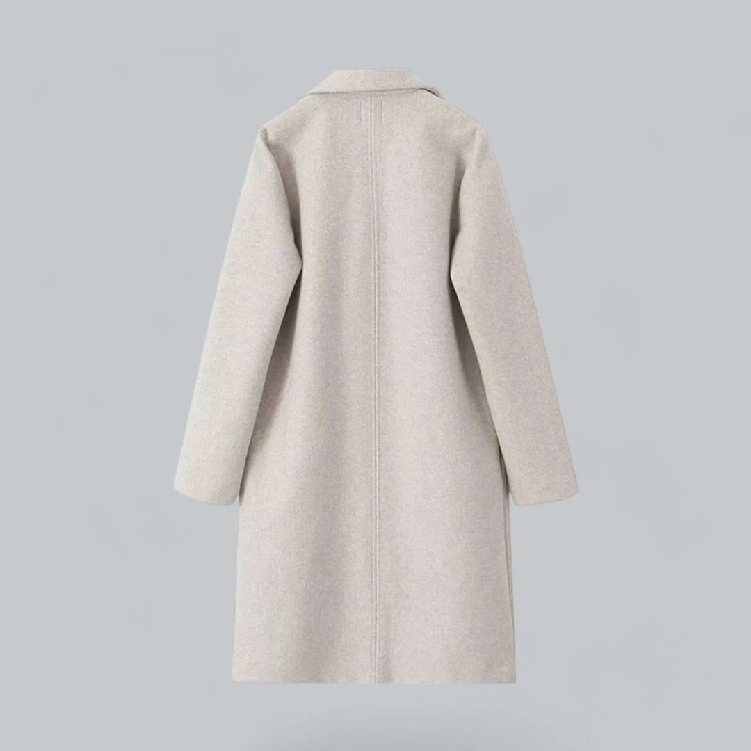 Women's wool blend trench coat, elegant open front design. Long, oversized fit winter jacket.