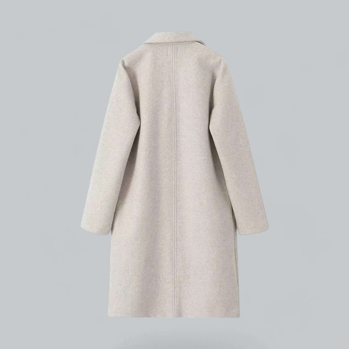 Women's wool blend trench coat, elegant open front design. Long, oversized fit winter jacket.