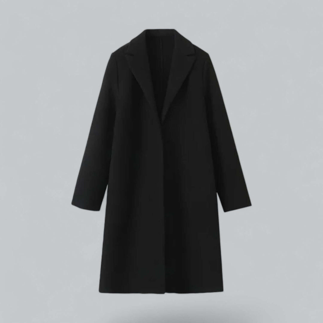 Comfortable women's long open front trench coat. Elegant wool blend, loose fit for outerwear.