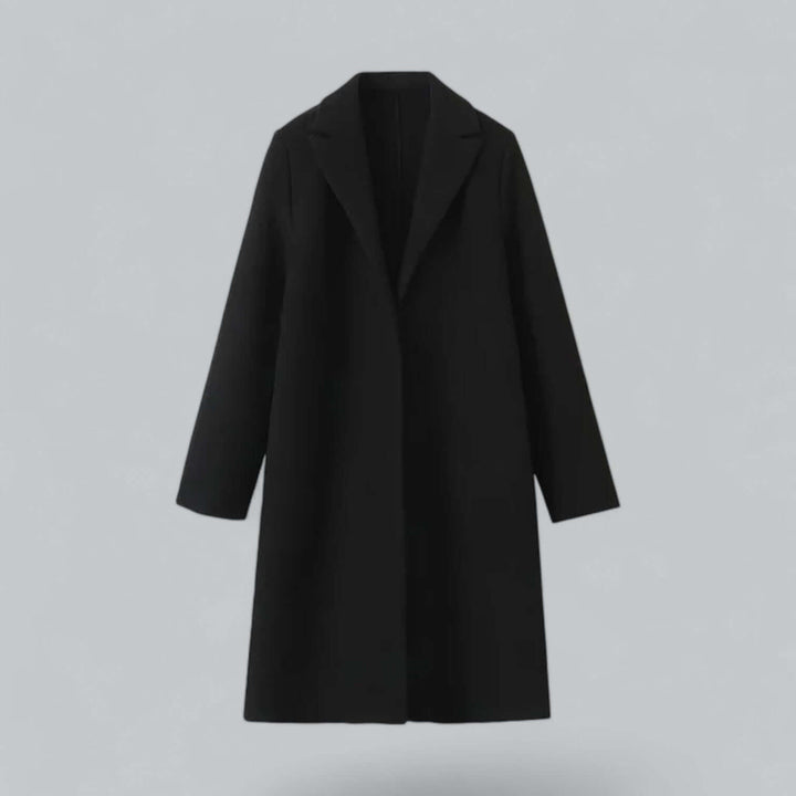 Comfortable women's long open front trench coat. Elegant wool blend, loose fit for outerwear.