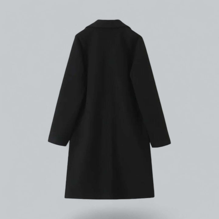 Versatile women's open front trench coat. Elegant, long wool blend outerwear for fall & winter fashion.