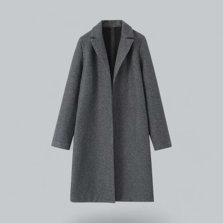 Women's elegant open front long trench jacket. Wool blend, loose fit outerwear for fall and winter.