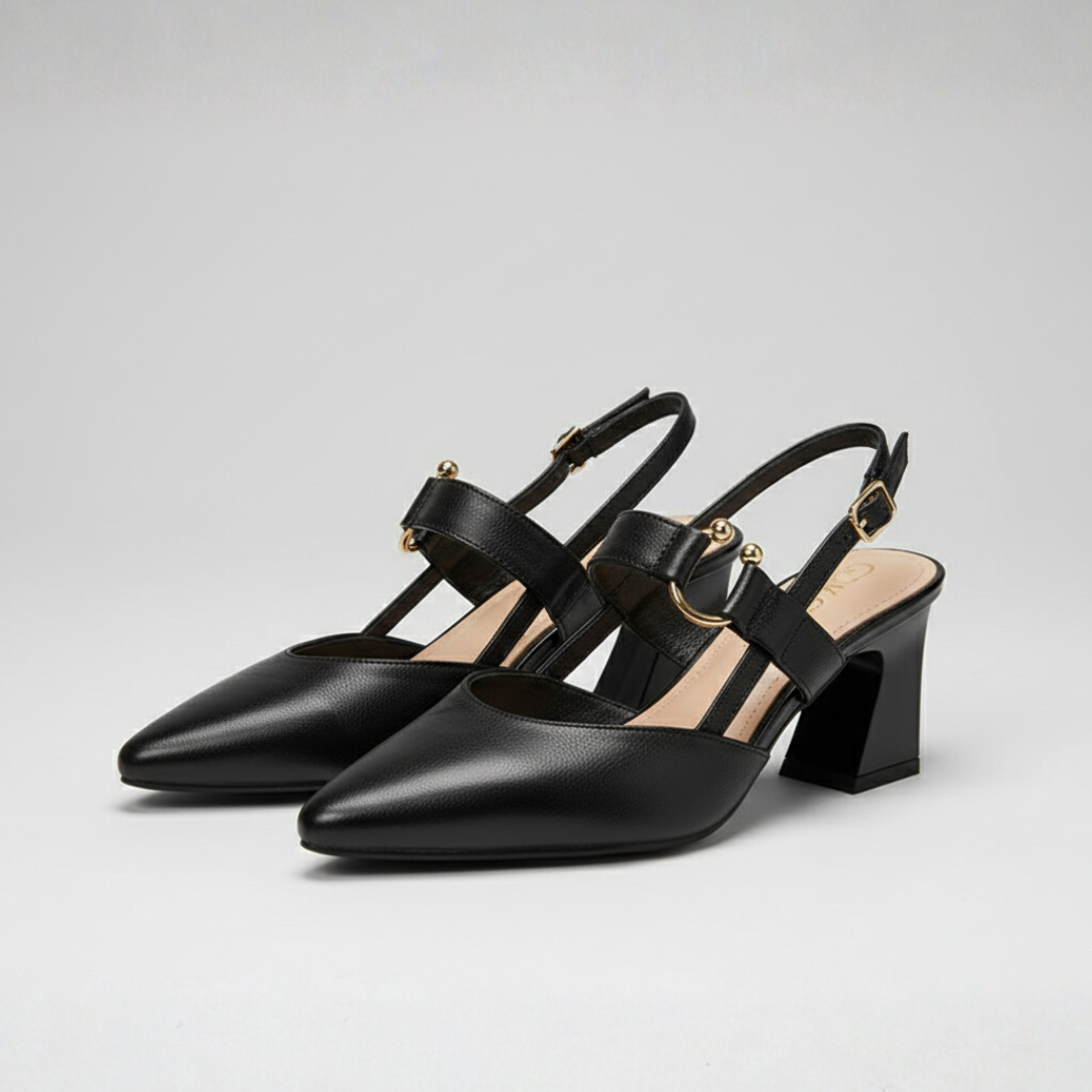 Fashionable women's comfort heels with orthopedic design, shock-absorbing wide heel for all-day support.