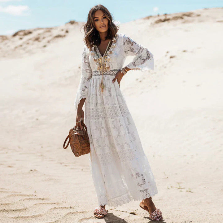 Persephone long-sleeved boho dress, an elegant women's artistic fashion piece with a comfortable flowing silhouette.