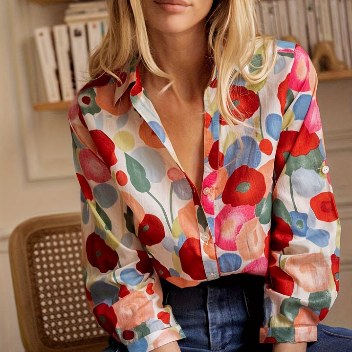 Relaxed fit women's floral print blouse, a stylish pink long-sleeve top for elegant casual spring outfits.