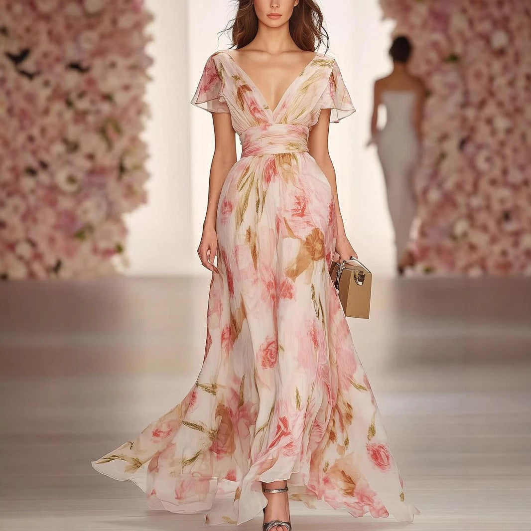 Elegant women's pink floral V-neck fit & flare maxi dress with flutter sleeves, perfect for summer occasions.