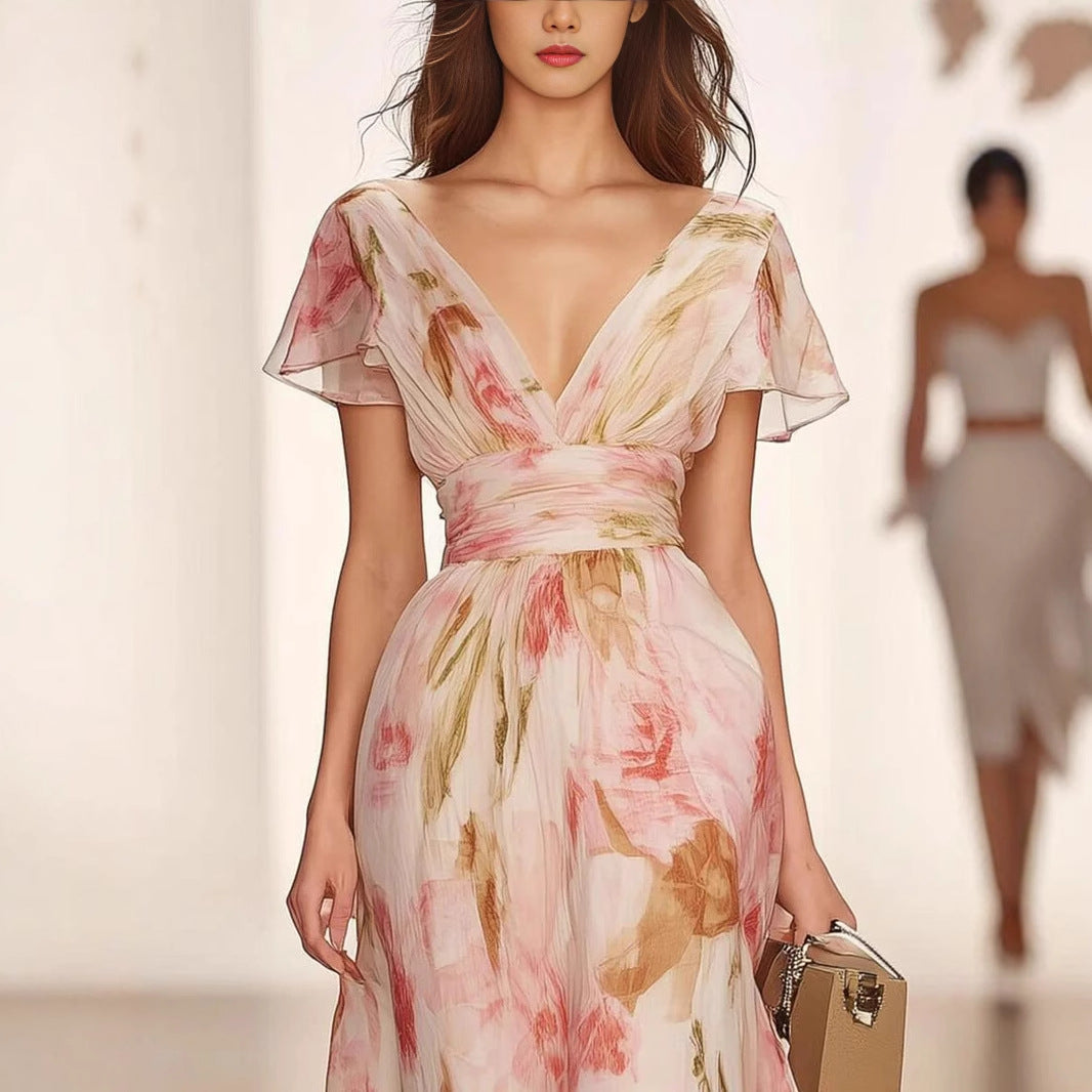 Women's summer floral print fit & flare maxi dress, featuring a flattering V-neck and flowing skirt.