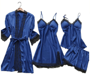 Comfortable blue satin sleepwear set for women. Luxurious two-piece nightwear, ideal for elegant lounging.