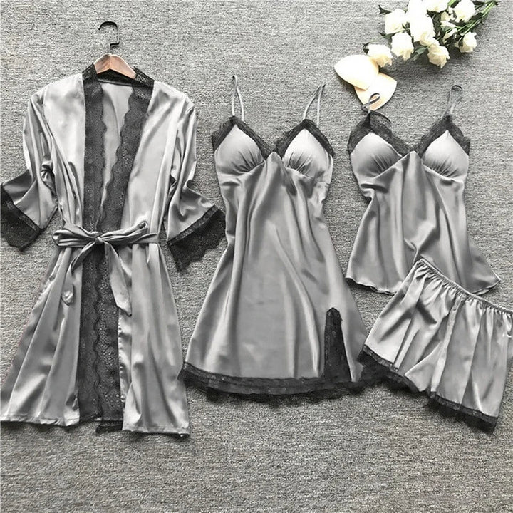 Black women's satin loungewear set. Elegant two-piece pajamas offering luxurious comfort for sleep.