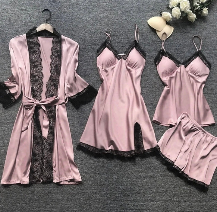 Luxurious green satin pajama set for women. Comfortable two-piece sleepwear, perfect for elegant relaxation.