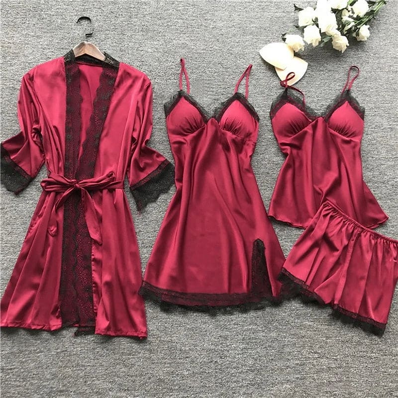 Red women's satin nightwear set. Elegant and comfortable two-piece pajamas for luxurious sleep.