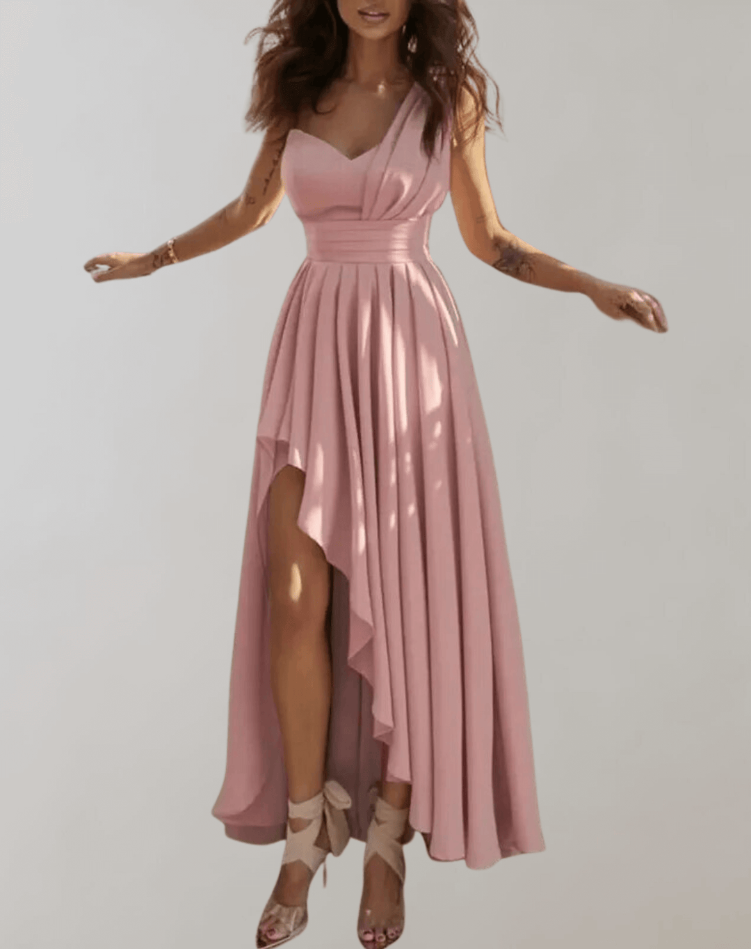 Elegant women's pleated cocktail dress with a stylish leg slit, ideal for formal parties & special occasions.
