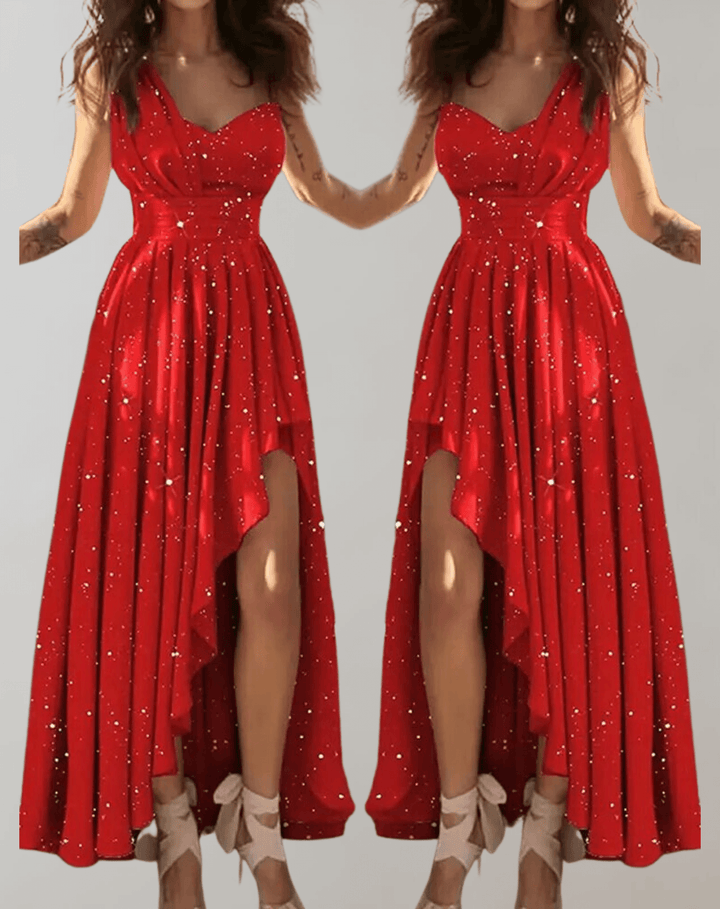 Stunning pink women's pleated evening dress with a chic high slit, perfect for cocktails & formal events.